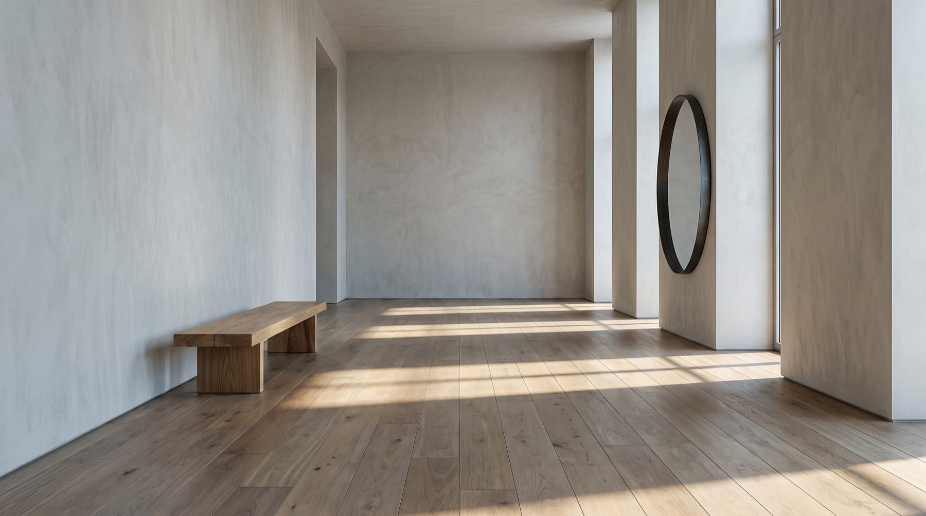 Longue pièce vide aux murs de plâtre, un banc de chêne contre le mur et un miroir rond au fond